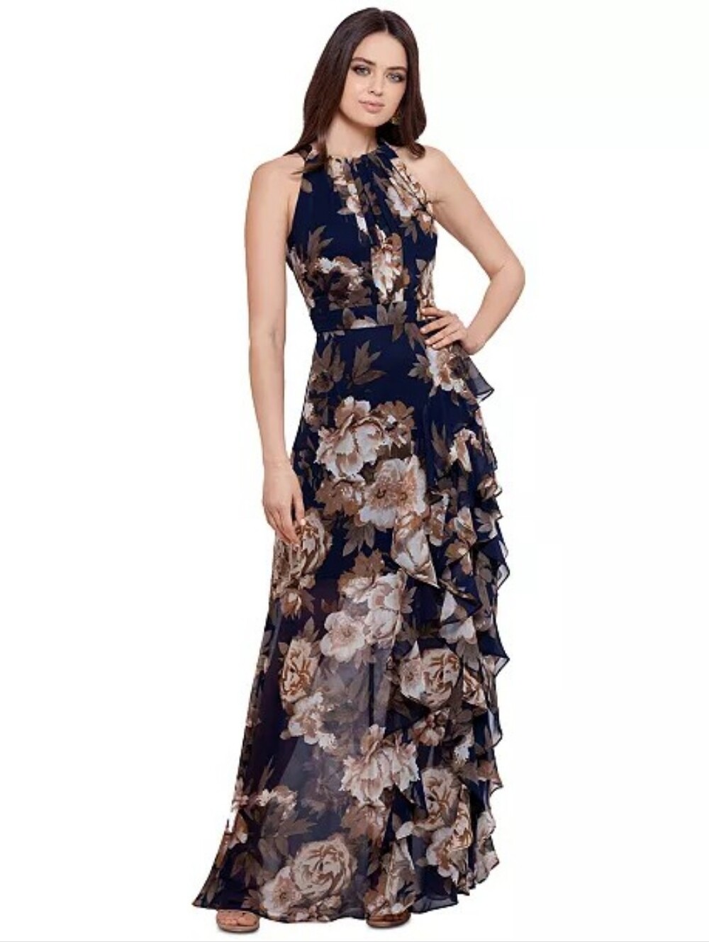 SALE 🇺🇲 Betsy & Adam Navy Floral Halter Ruffle Maxi Dress